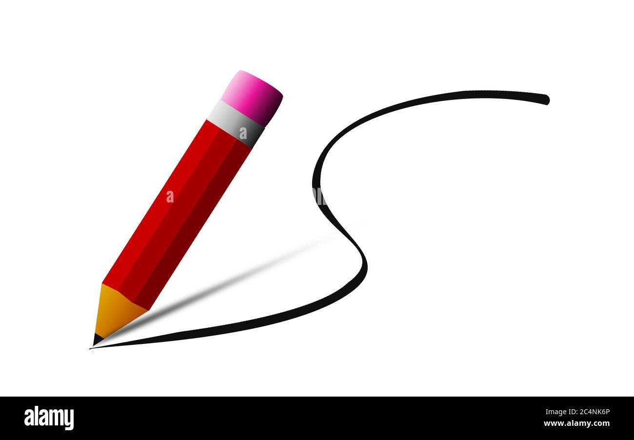 Red pencil with eraser isolated, 3D rendering Stock Photo