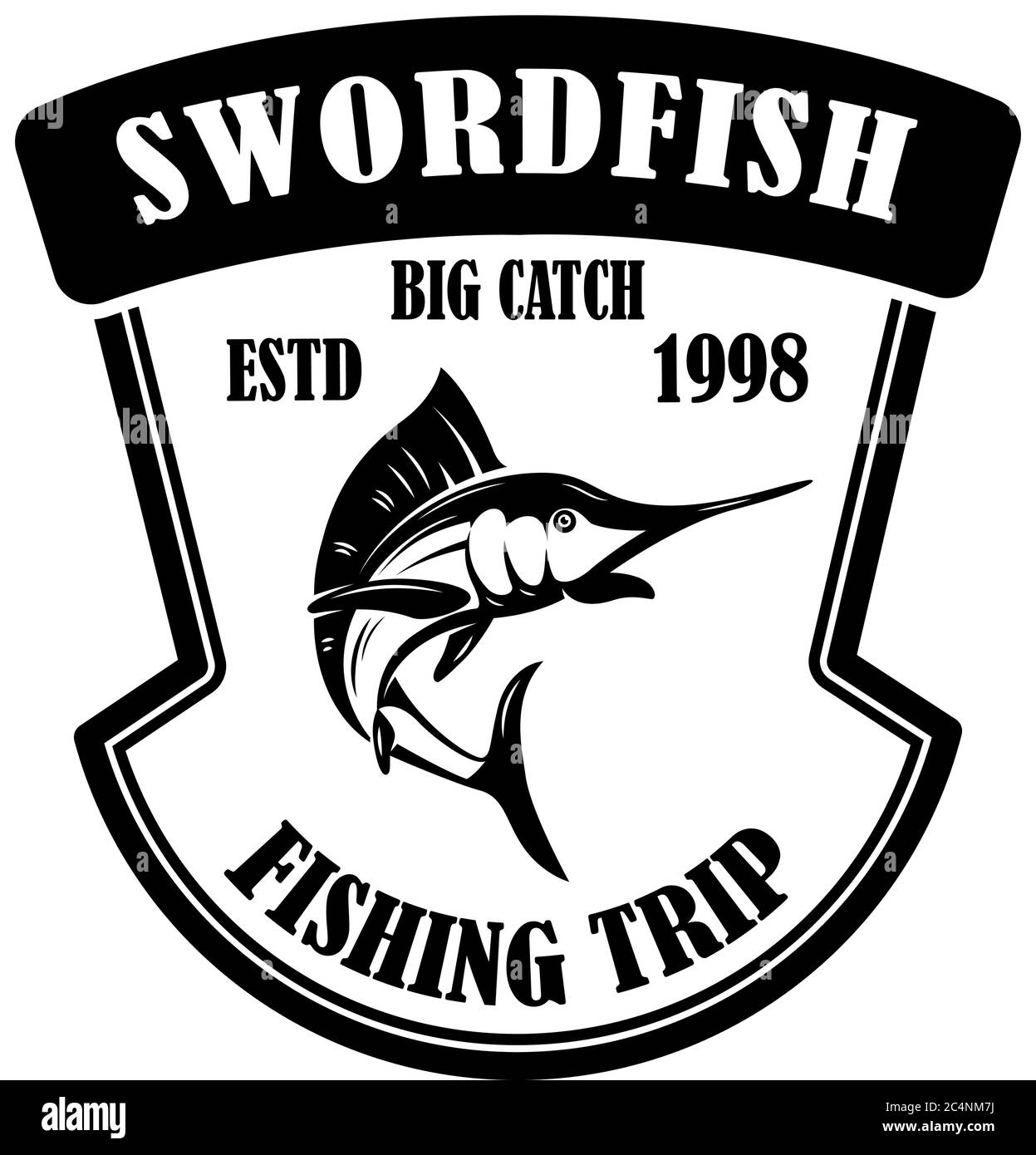 Swordfish. Fishing trip. Emblem template with marlin. Design element for logo, label, sign, poster. Vector illustration Stock Vector