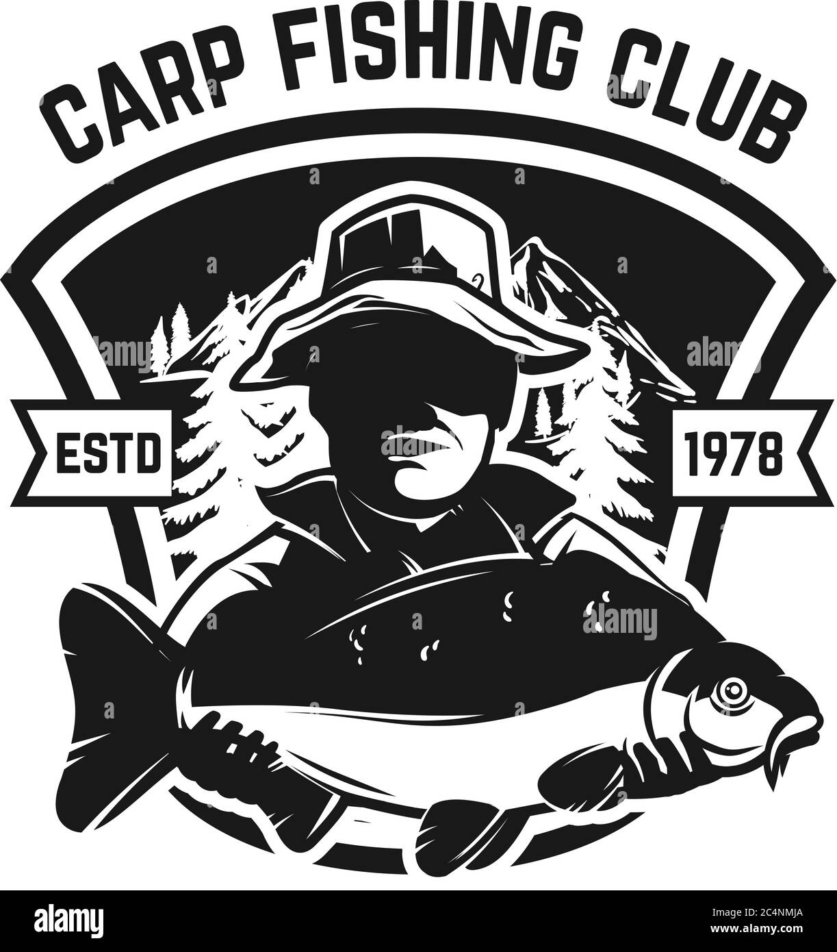 Fishing camp. Emblem template with carp fish. Design element for