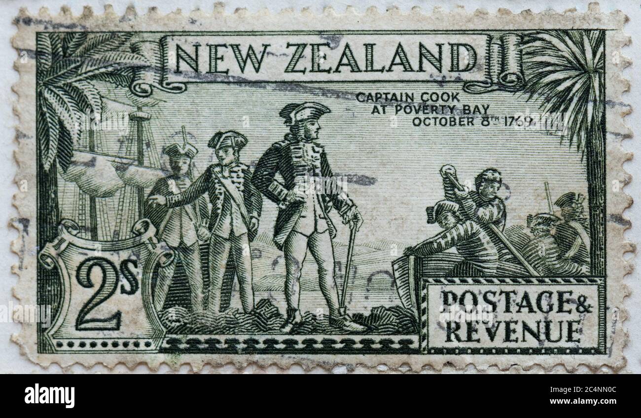 Captain Cook landing at Poverty Bay, New Zealand, on New Zealand postage stamp issued in 1935 Stock Photo