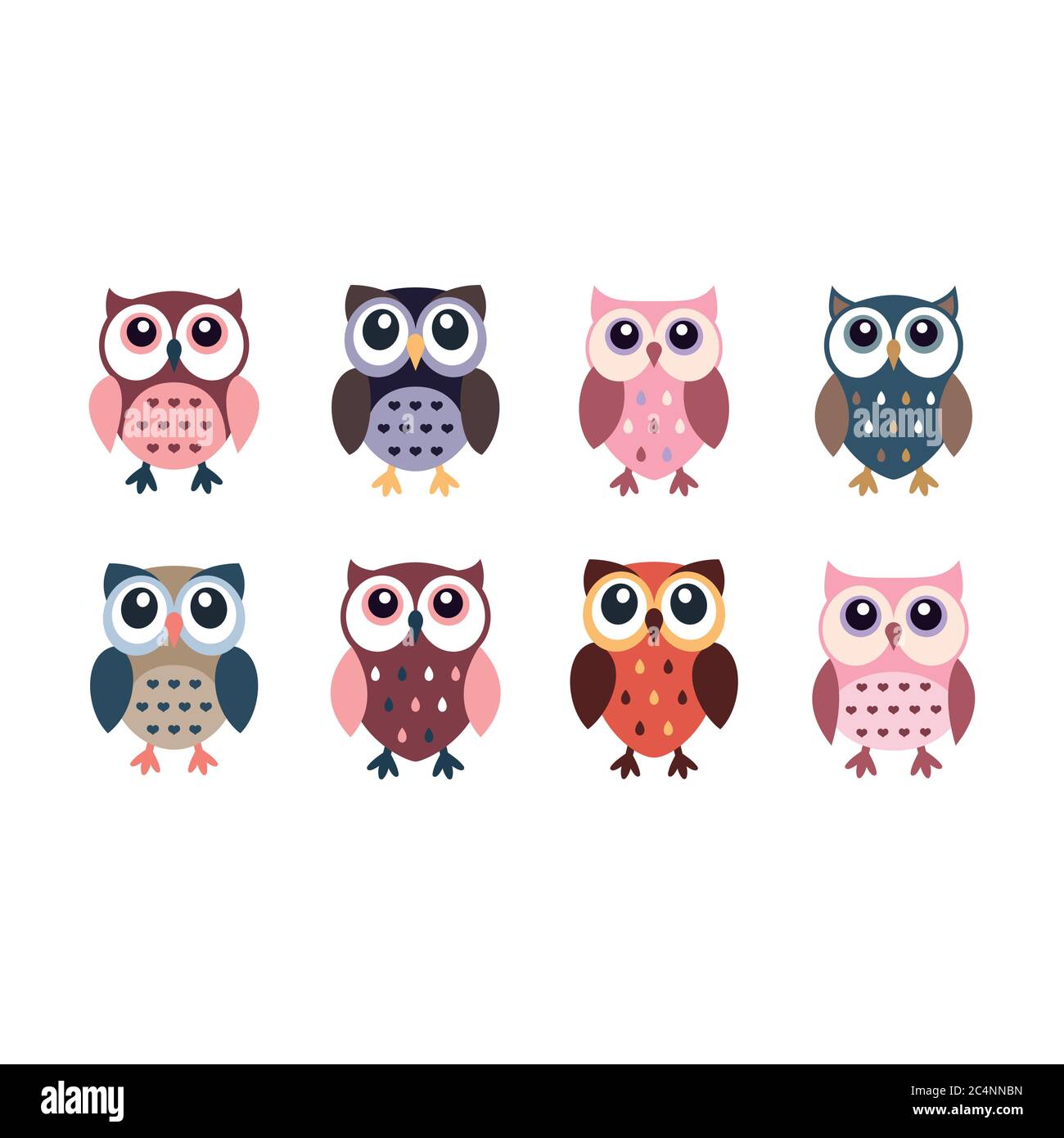 Cute owl colorful cartoon icons. Little owls or owlet character vector set. Stock Vector