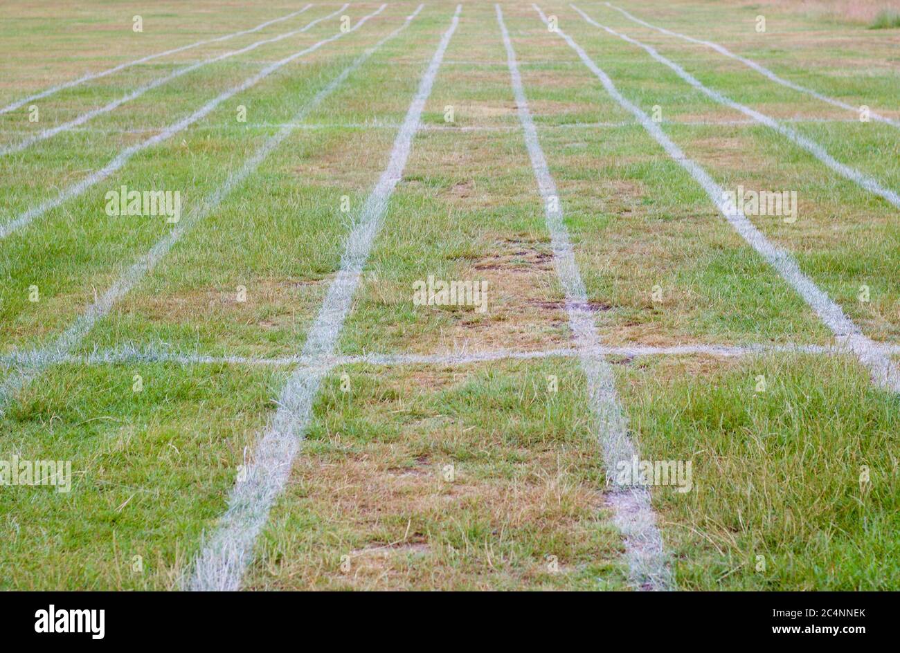 Field marked out with parallel running lanes for athletics events Stock Photo