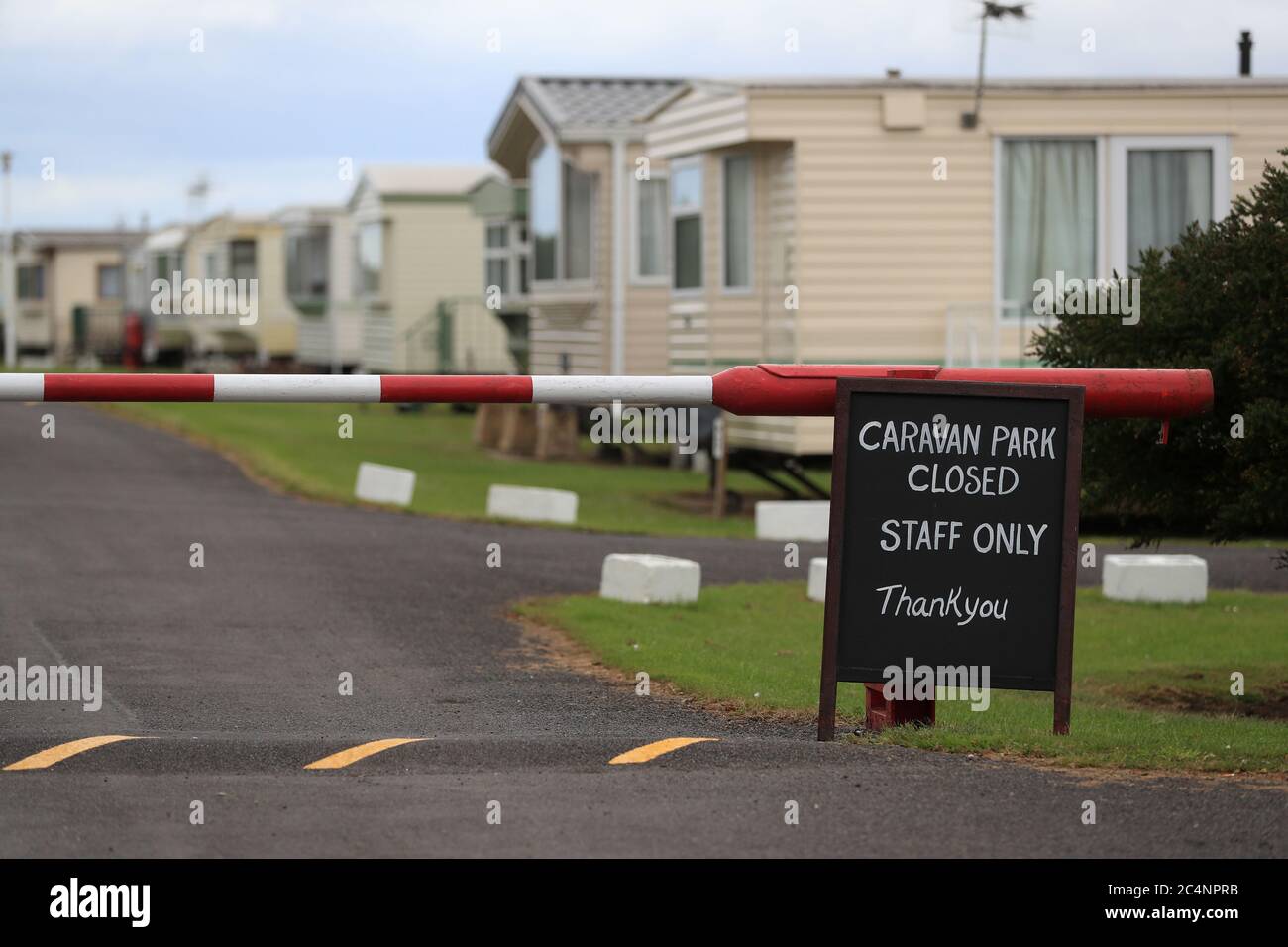 A general view of a closed caravan site at Skegness beach, as rain, wind and weather warnings are bringing an end to the sweltering June heatwave. Stock Photo