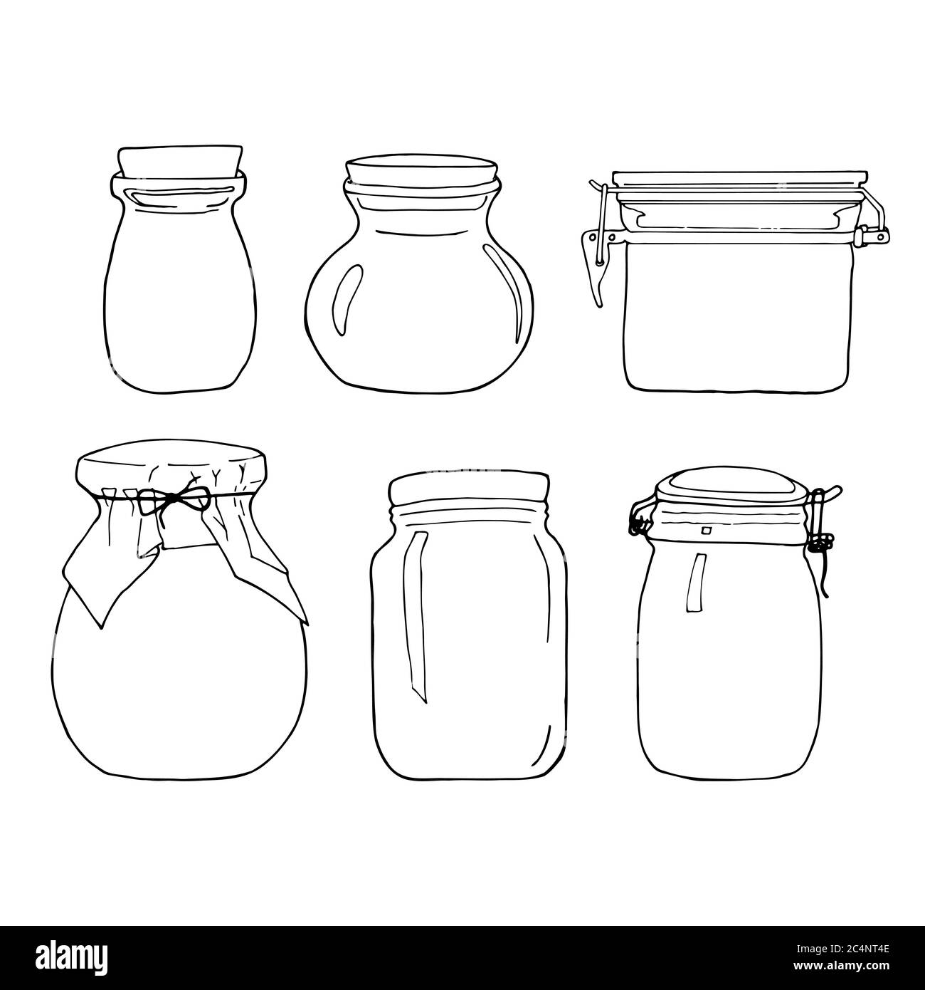 Hand drawn jar set. Contour sketch. Kitchen objects doodle style. Vector illustration isolated on white background. Alchemy and vintage. Stock Vector