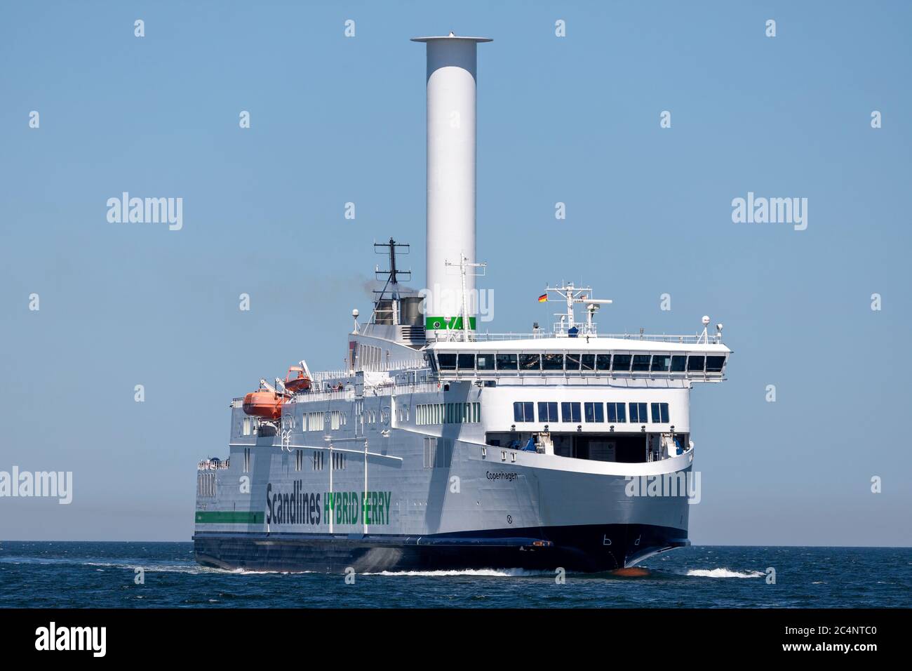 Scandlines hybrid ferry COPENHAGEN with installed Norsepower Rotor Sail inbound Rostock Stock