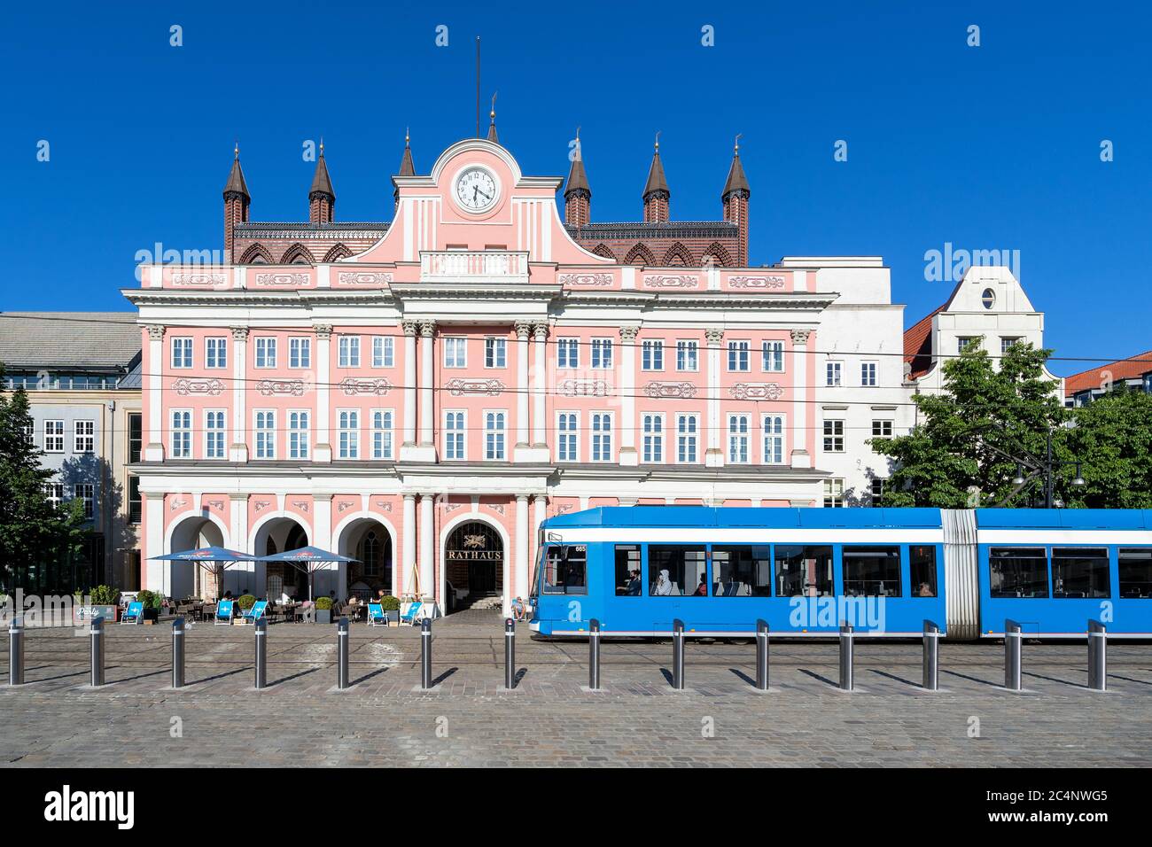 tram at City Hall in Rostock, Germany Stock Photo