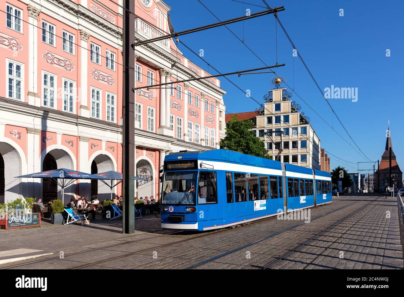 tram at City Hall in Rostock, Germany Stock Photo