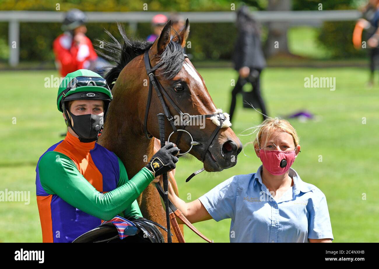 Deliver The Dream ridden by Charles Bishop after winning The Visit attheraces.com Maiden Stakes at Windsor Racecourse. Stock Photo
