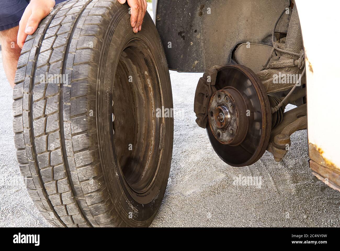 dismantling, mounting a car wheel to replace tires or replace brakes on