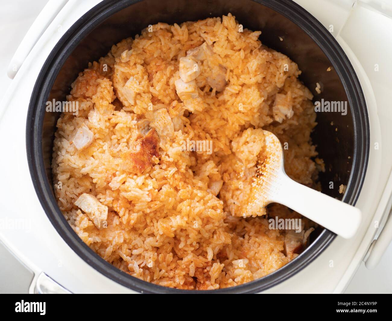 Rice with turkey meat cooked in instant pot. Top view of readytoeat