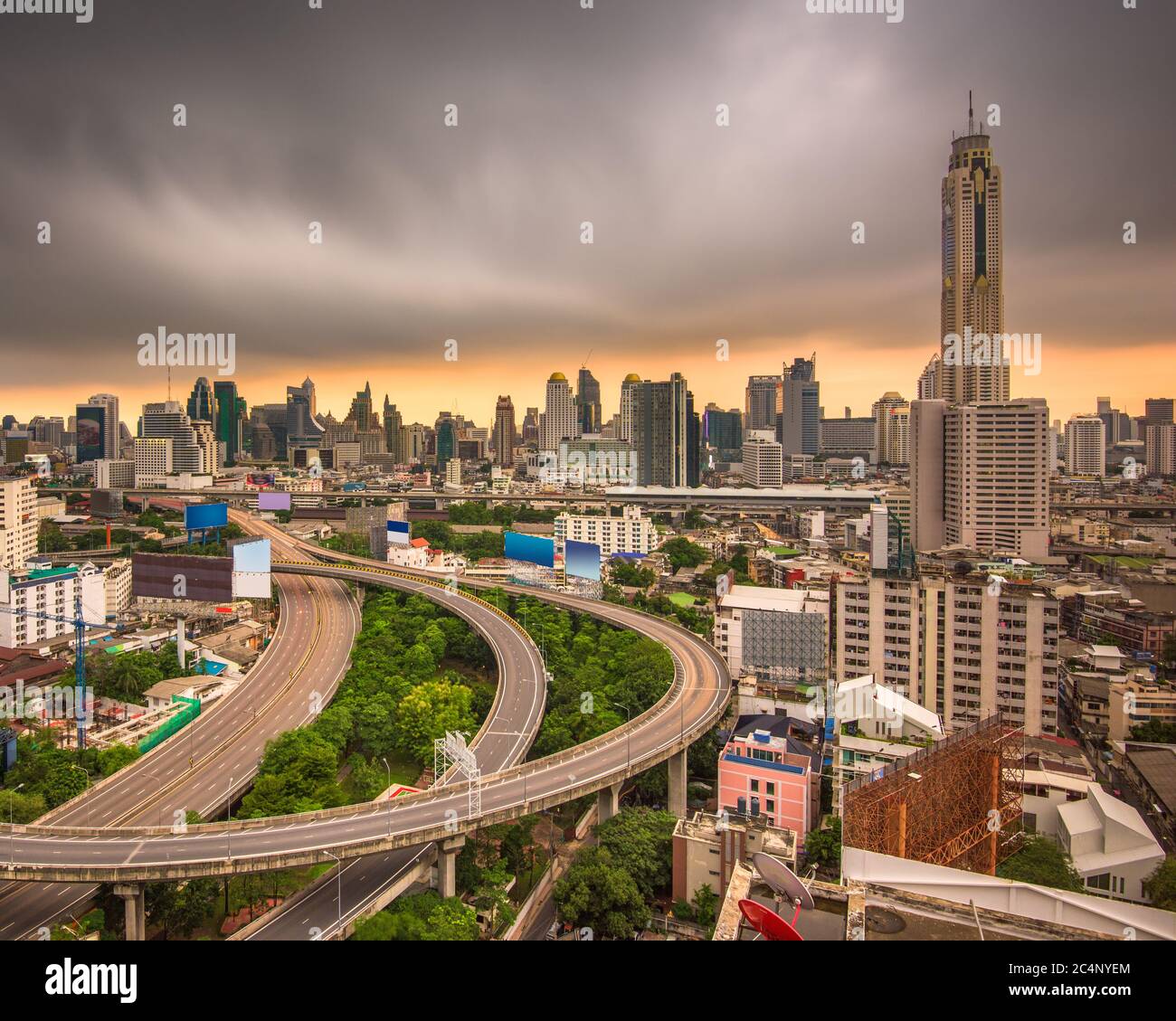 Bangkok, Thailand urban cityscape and office towers at dusk Stock Photo ...