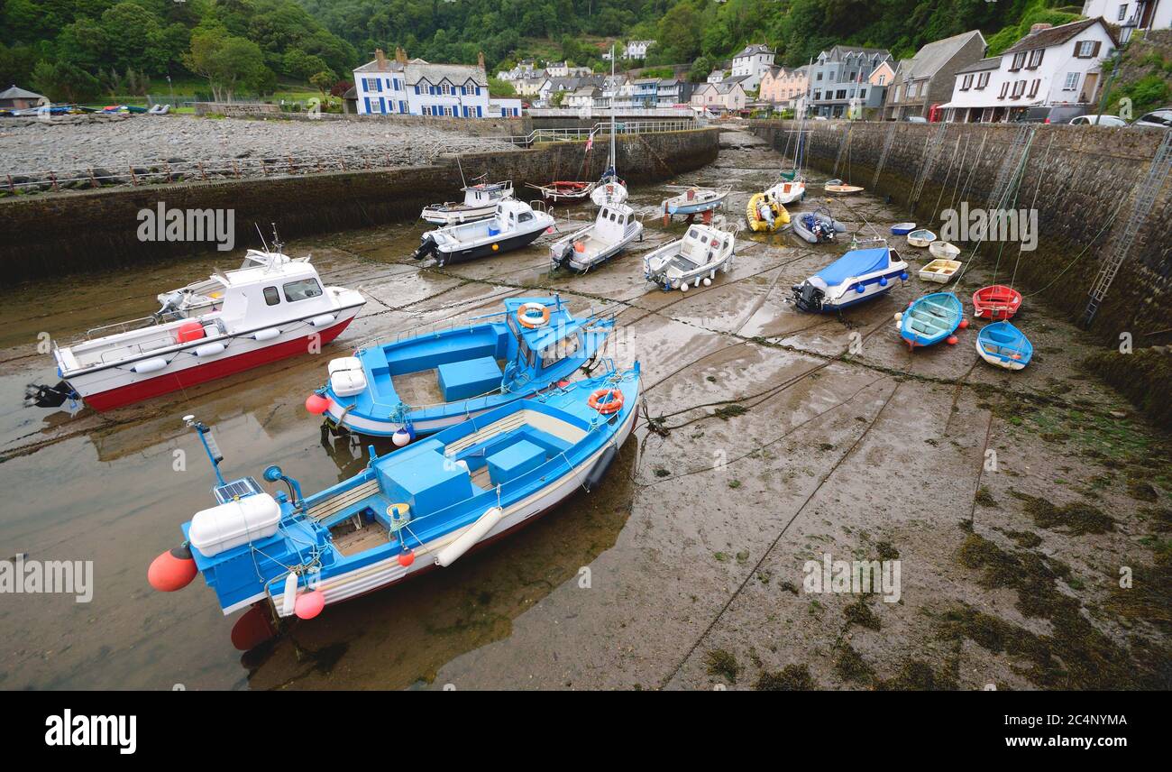 Harbour in village of Lynmouth, Devon during low tide Stock Photo