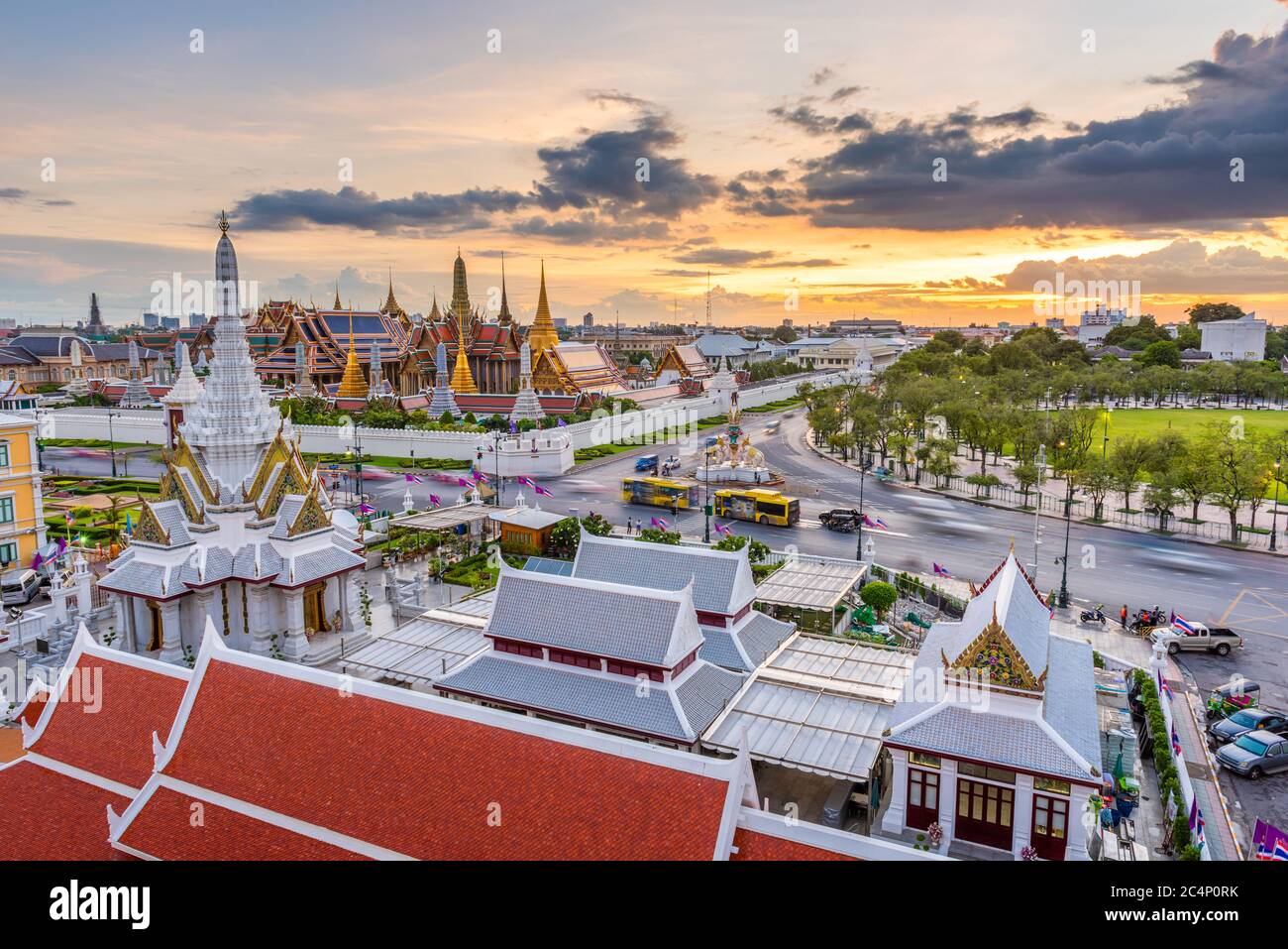 Bangkok, Thailand at the Temple of the Emerald Buddha and Grand Palace at dusk. Stock Photo