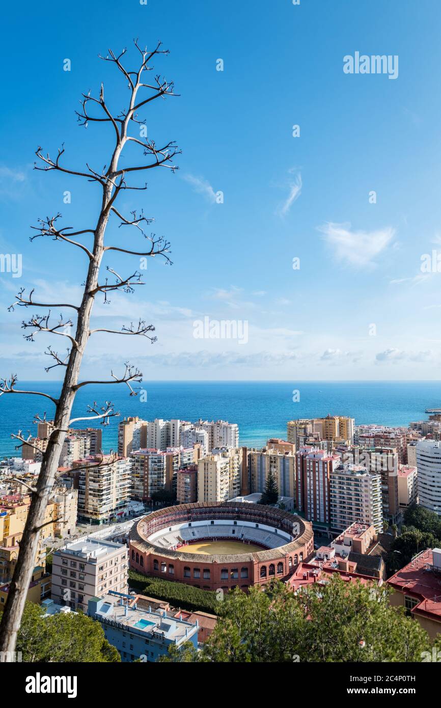 Cityscape of Malaga on a cloudy Winter day, with the bullring to be recognised in the foreground. Stock Photo