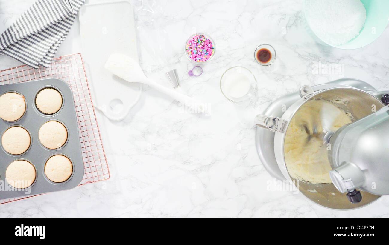 Flat lay. Step by step. Mixing ingredients in kitchen mixer to make