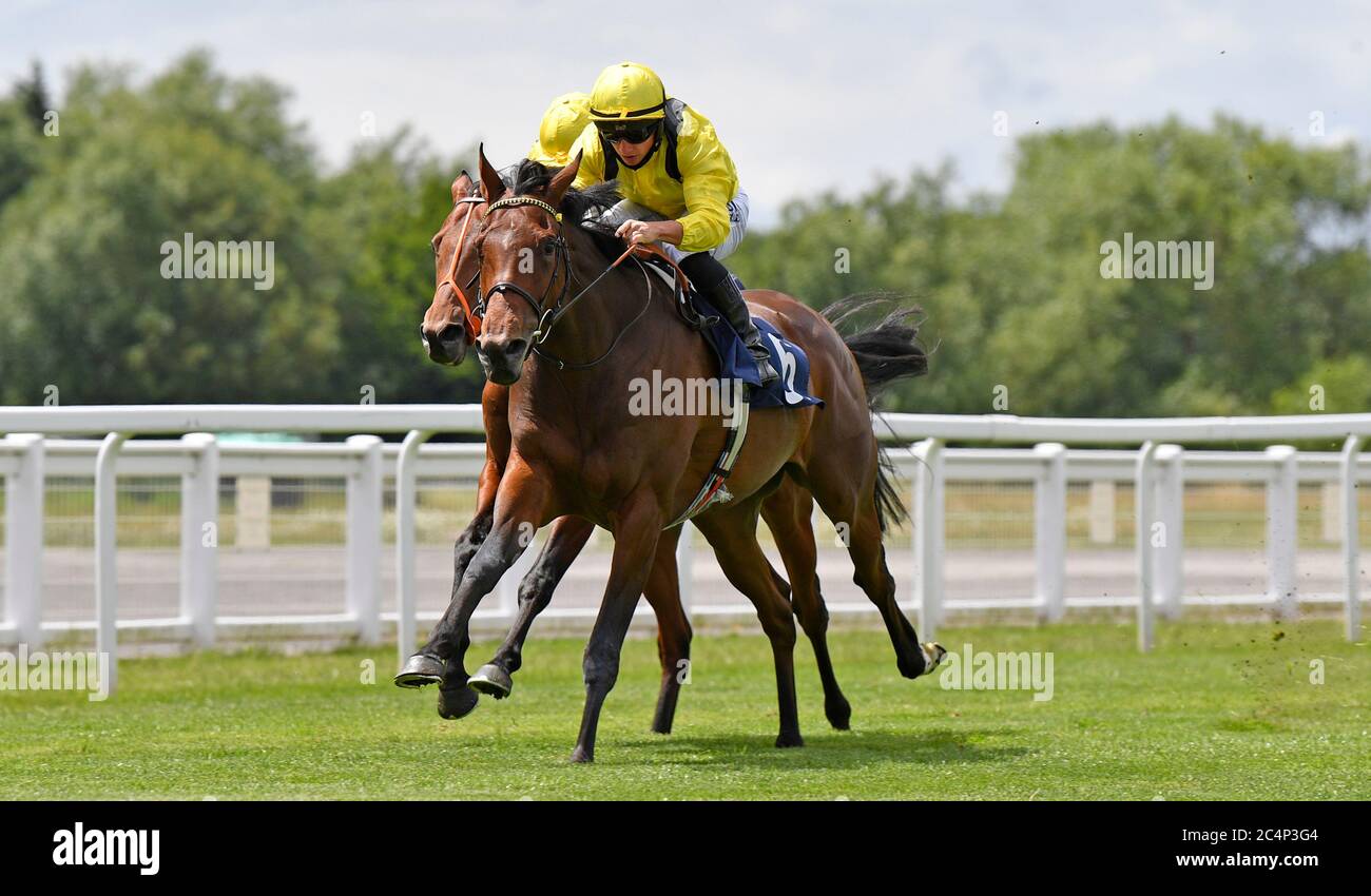 Baarrji ridden by Tom Marquand wins The Sky Sports Racing 415 Maiden Stakes (Div II) at Windsor Racecourse. Stock Photo