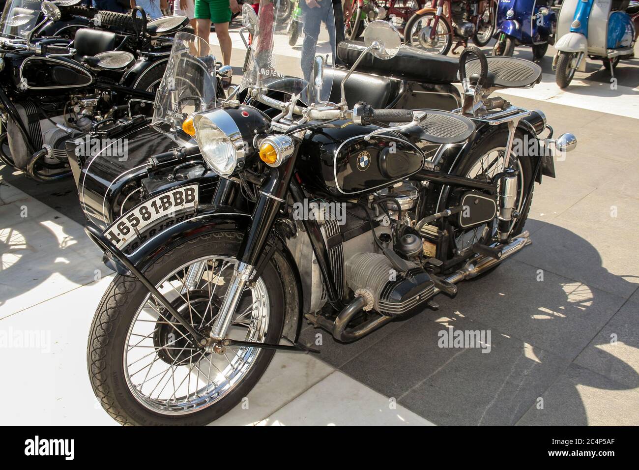 Almería, Andalusia, Spain, Europe.. Feria de Almería 2018. Exhibition of vintage motorbikes. BMW with sidecar. Stock Photo