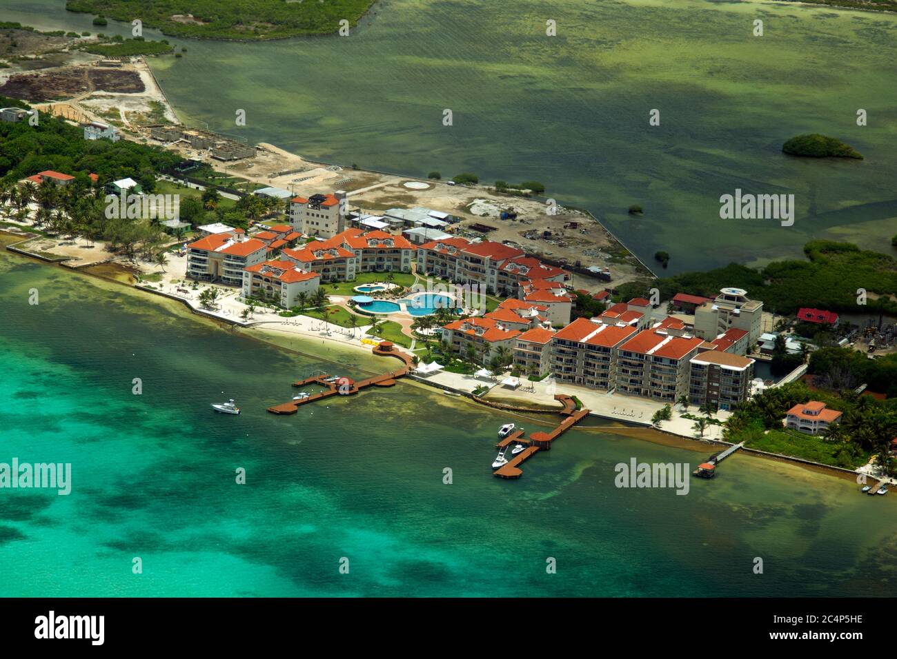 Aerial view of hotels in San Pedro, Ambergris Caye, Belize Stock Photo