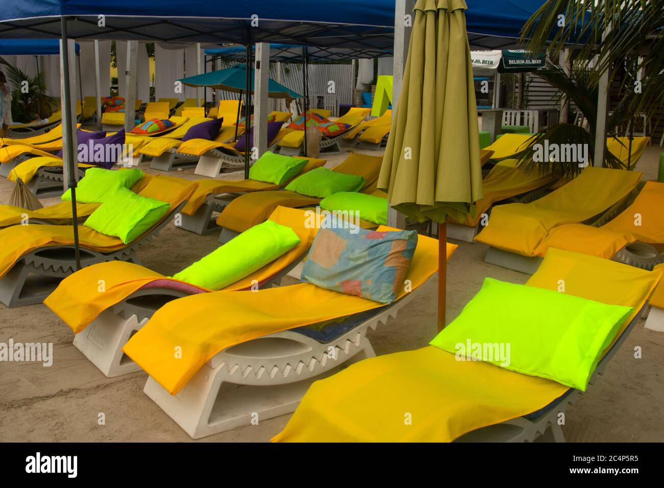 Bright-colored beach chairs in a bar at Secret Beach, San Pedro, Ambergris Caye, Belize Stock Photo