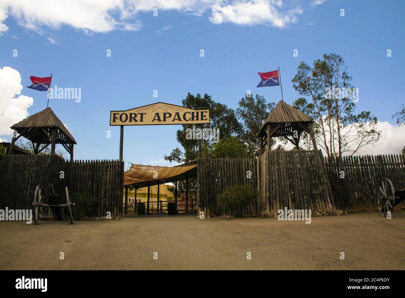 Province of Almería, Andalusia, Spain, Europe. Tabernas Desert (Desierto de Tabernas). Mini Hollywood film set, western theme park. The entrance to Fort Apache (reconstruction). Stock Photo