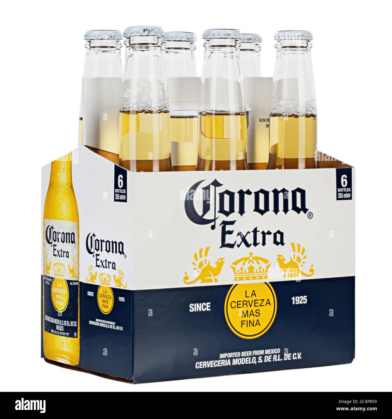 Ukraine, Kyiv - June 03, 2020: A 6 pack of Corona Extra Beer  isolated on white background, side view. Corona is the most popular imported beer in the Stock Photo