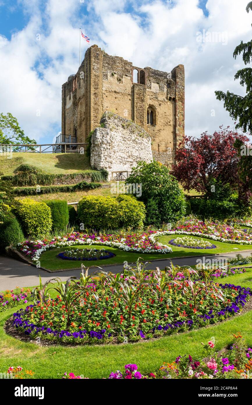 Guildford Castle grounds with colourful flower gardens during summer (June), Surrey, England, UK Stock Photo