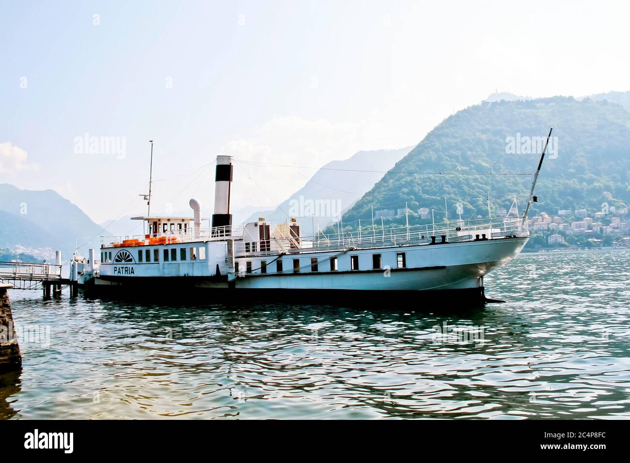 Como, Lombardy, Italy. Lake of Como. 'Patria' steamer. Historic boat of Lake Como, launched in 1926 recently renovated by the Province of Como. On board information panels with the history of the steamer and its recovery. Possibility of use as a location for prestigious events. Stock Photo