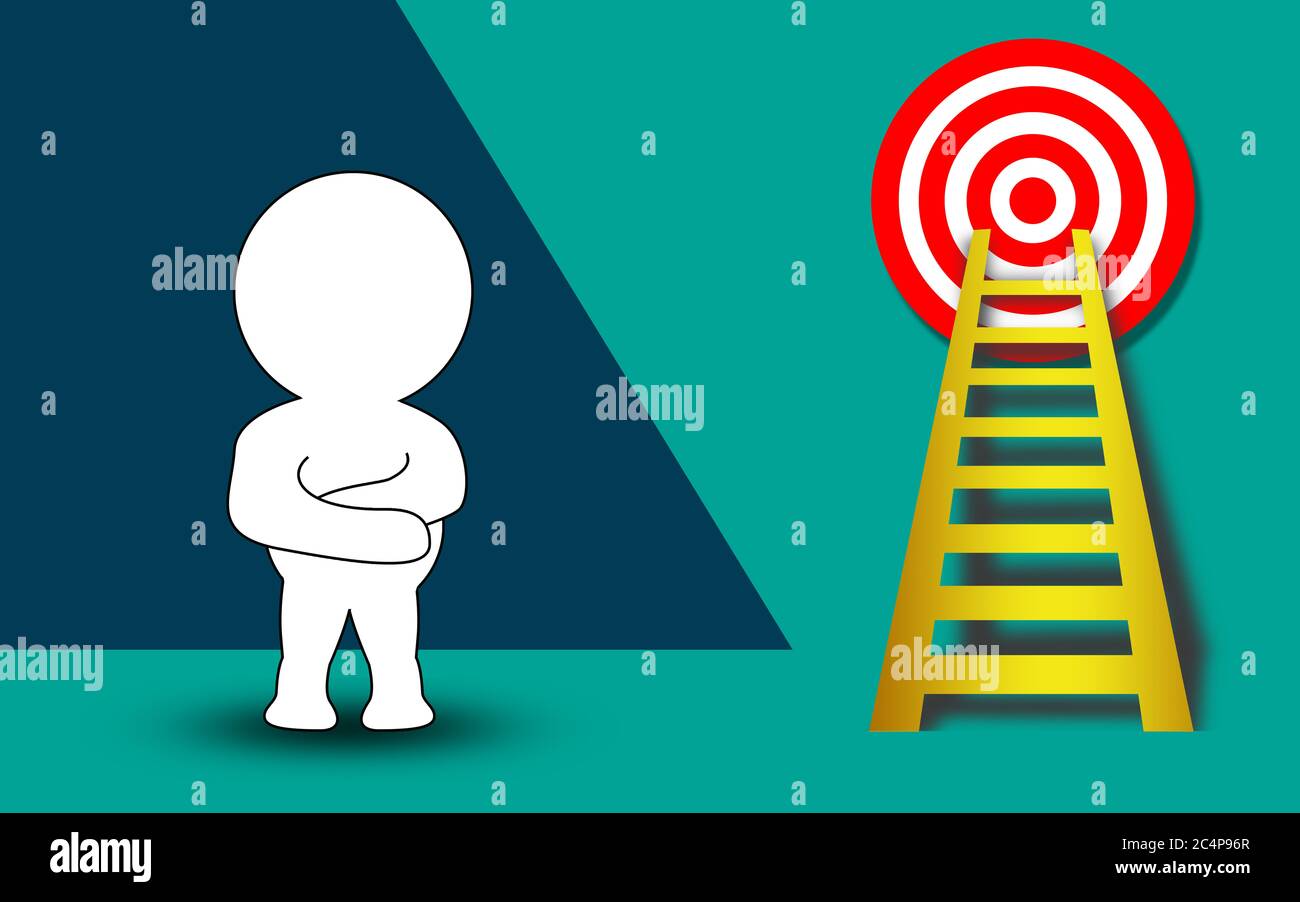 Puppet aiming high to goal target with ladder, 3D rendering Stock Photo ...