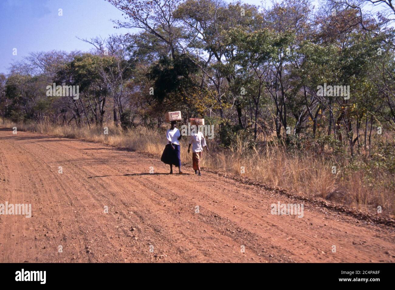 Two young women walking along dirt road carrying loads on their heads, Hwange National Park, Zimbabwe Stock Photo