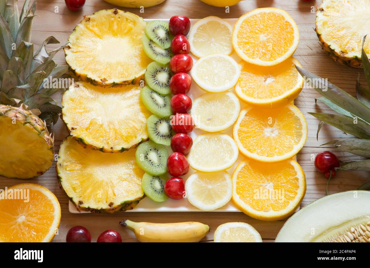 Sliced fruit on a plate - top view Stock Photo