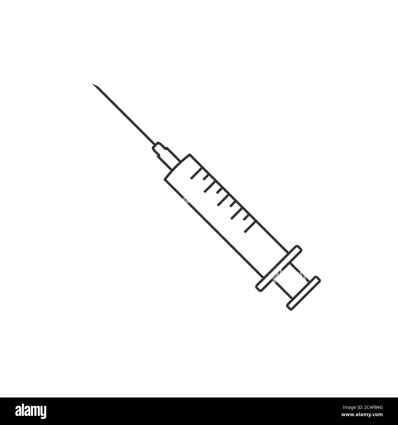 Syringe with needle line icon. Medical treatment concept. Intramuscular, hypodermic or intravenous injection. Vaccination concept. Black outline Stock Vector