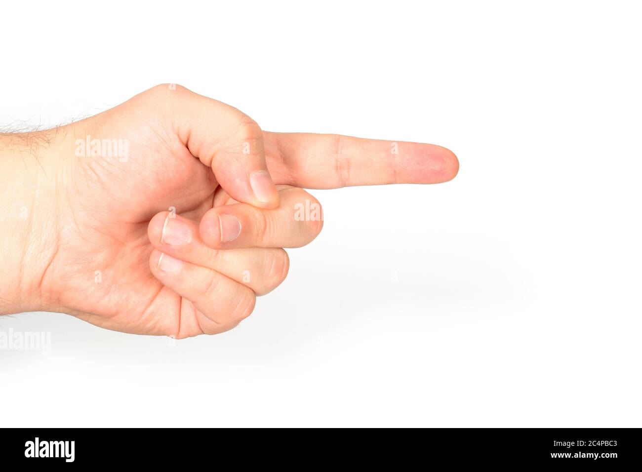 Man hand in black rubber glove pointing to right with index finger. Isolated on white background. Stock Photo