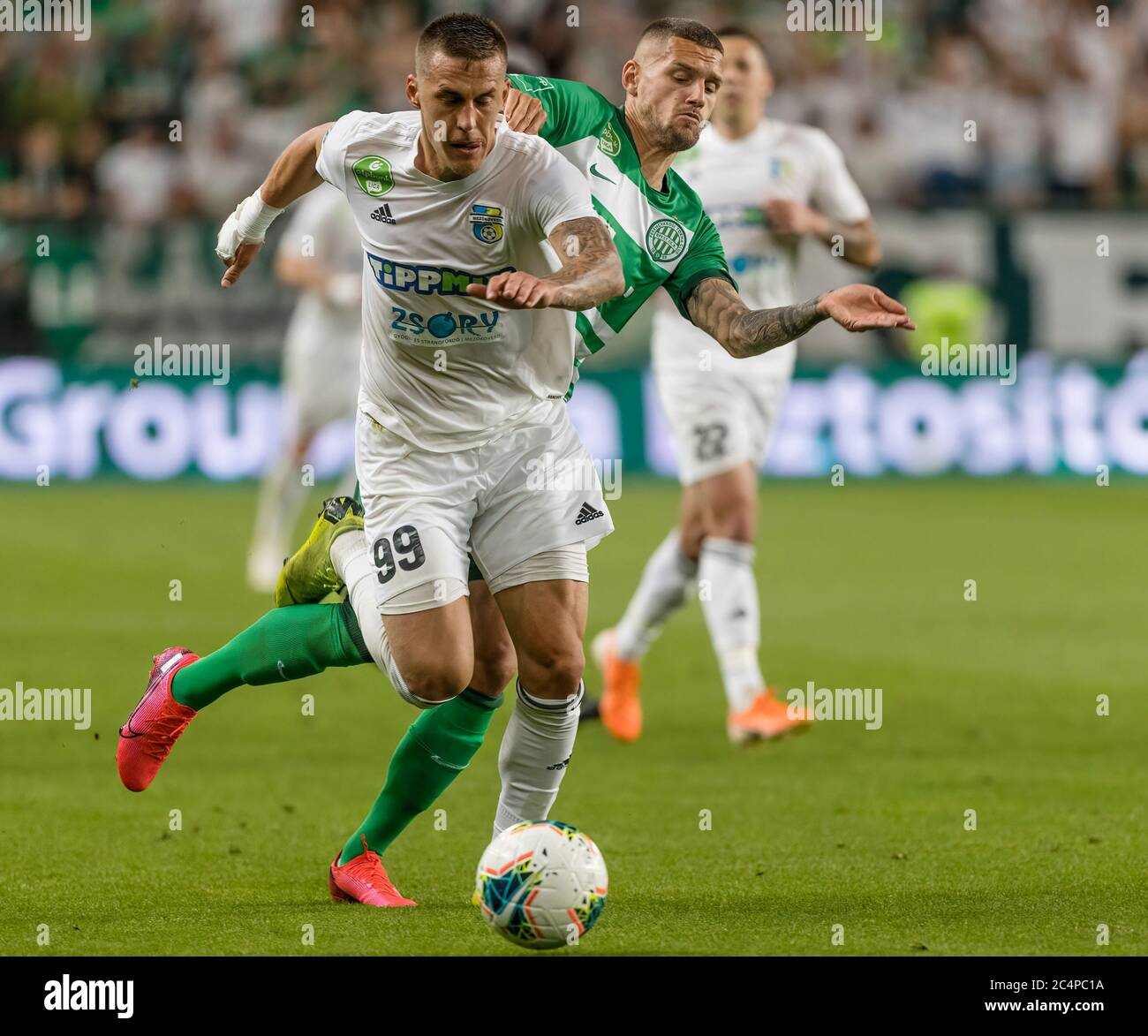 BUDAPEST, HUNGARY - JUNE 27: (r-l) Marcel Heister of Ferencvarosi TC  challenges Marin Jurina of Mezokovesd Zsory FC during the Hungarian OTP  Bank Liga match between Ferencvarosi TC and Mezokovesd Zsory FC