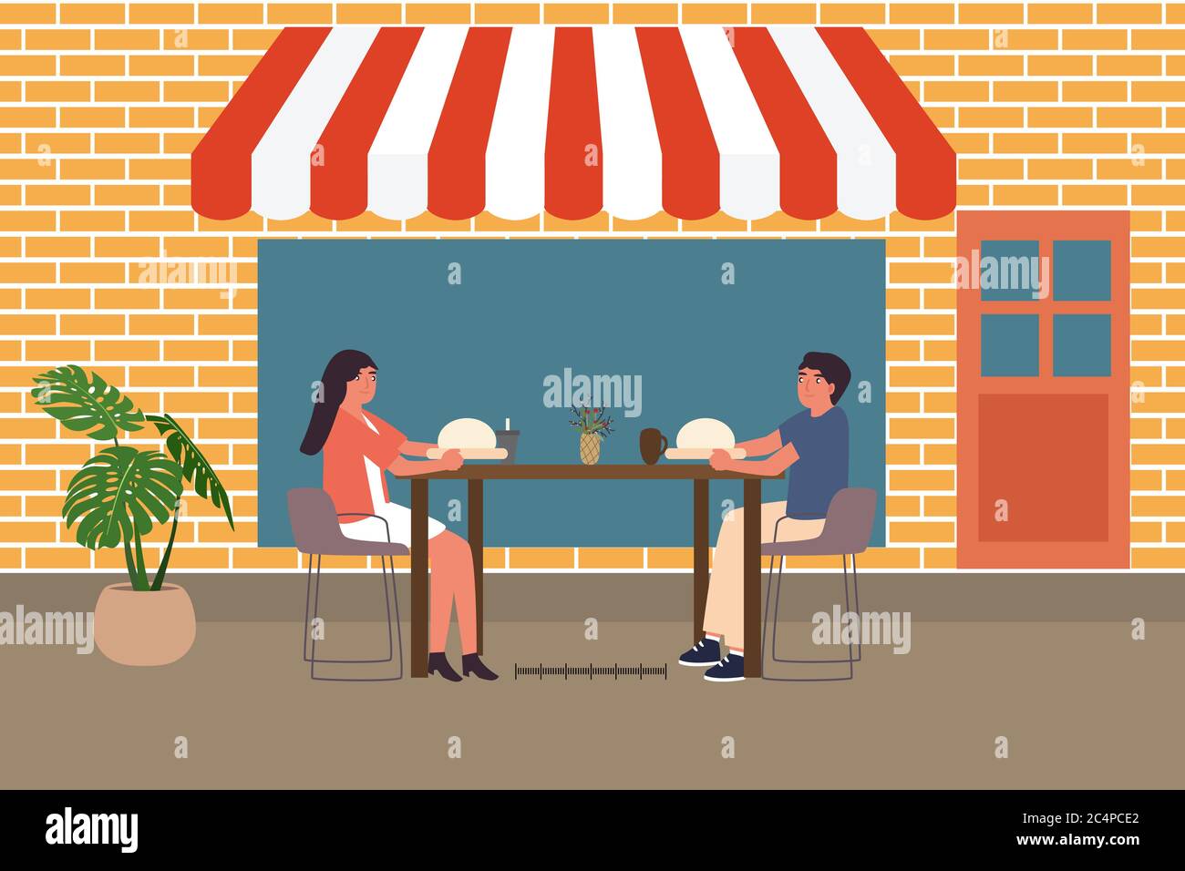 Food and drink and social distancing concept.Couple man and woman sitting in cafe restaurant eating food with table shield to protect infection from c Stock Vector