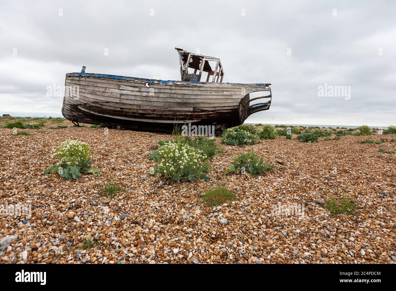 Fishing boat abandoned on the shingle beach at Dungeness, Kent, England ...