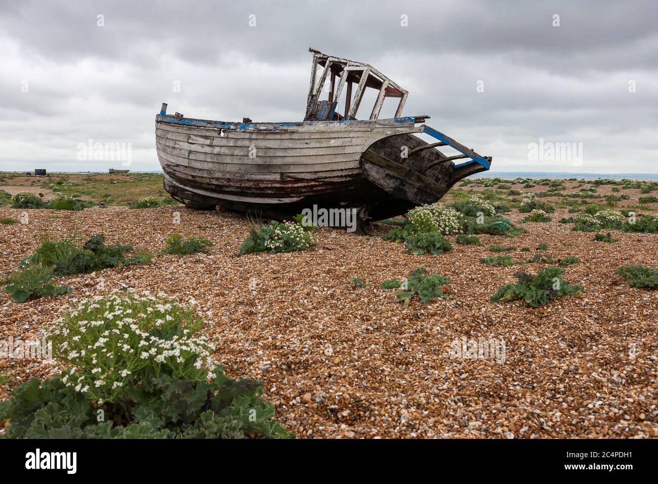 Fishing boat abandoned on the shingle beach at Dungeness, Kent, England ...