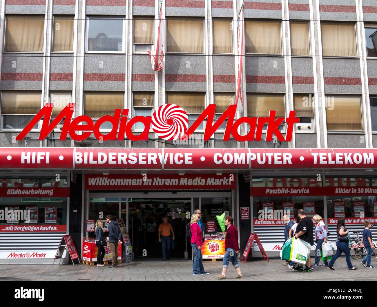 Wurzburg, GERMANY: Entry of a Media Markt store. Mediamarkt is a German chain of stores selling consumer electronics with numerous branches throughout Stock Photo