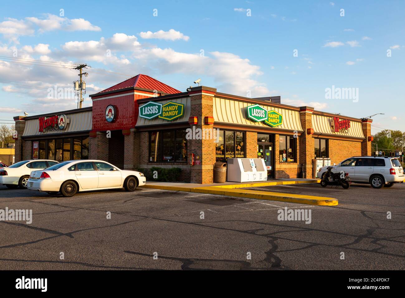 A combination Wendy's restaurant / Lassus Handy Dandy convenience store in Fort Wayne, Indiana, USA. Stock Photo