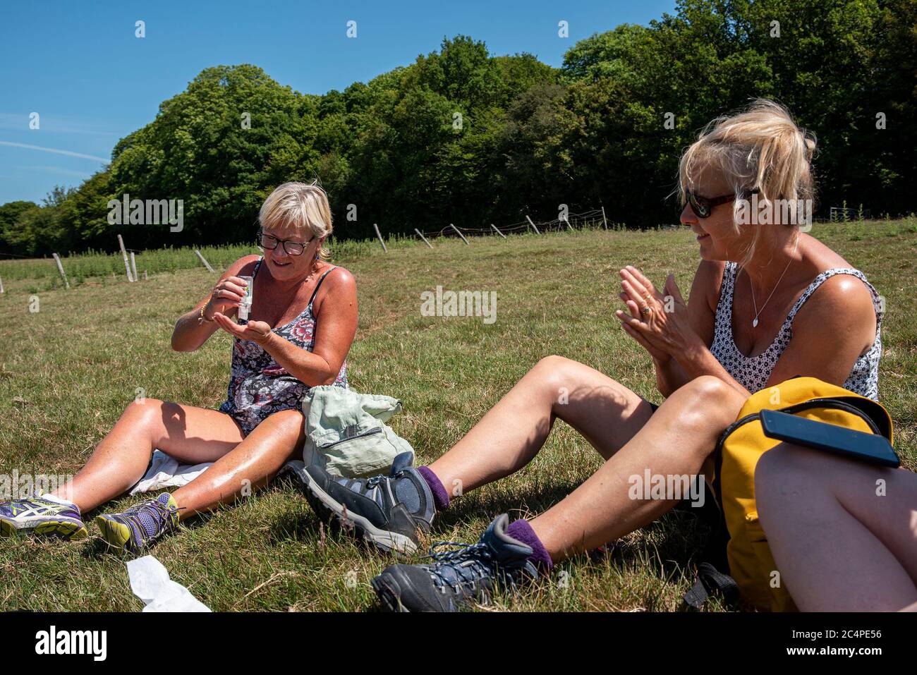 Middle-aged women sit eating a picnic, in the Kent countryside whilst on a walk. Stock Photo