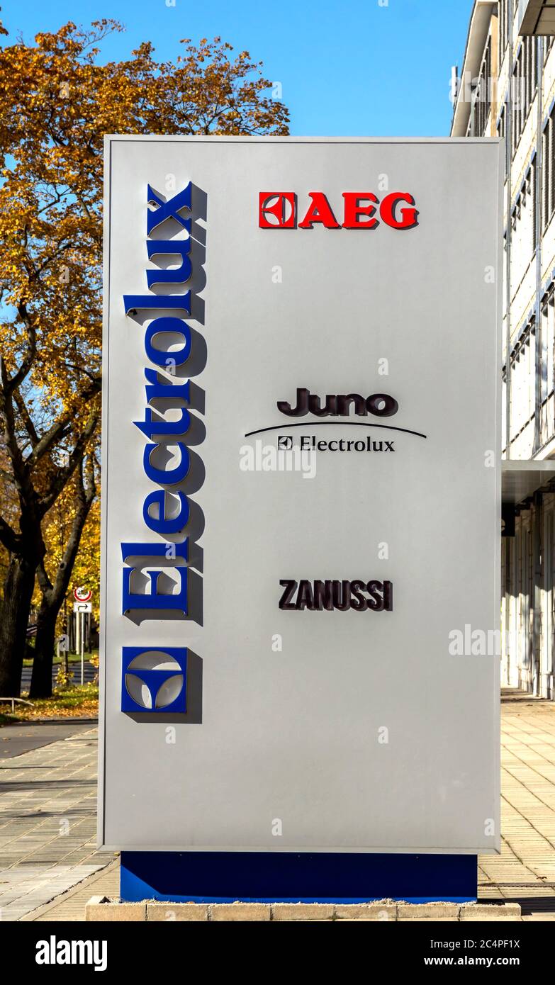 Nurnberg, Germany : Juno, Electrolux company logo on the enterance. Electrolux is a Swedish multinational home appliance manufacturer Stock Photo
