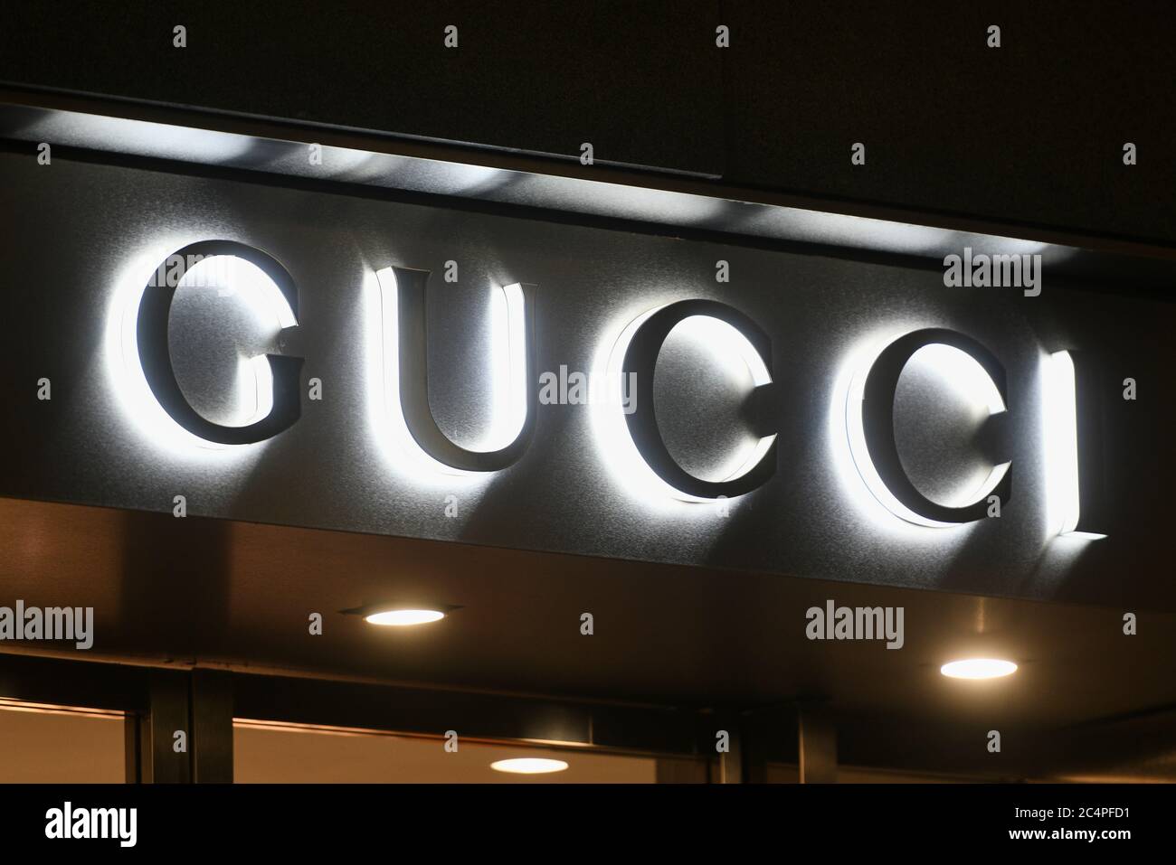 Milan, Italy - January 13, 2020: Gucci store lighted logo detail Stock  Photo - Alamy
