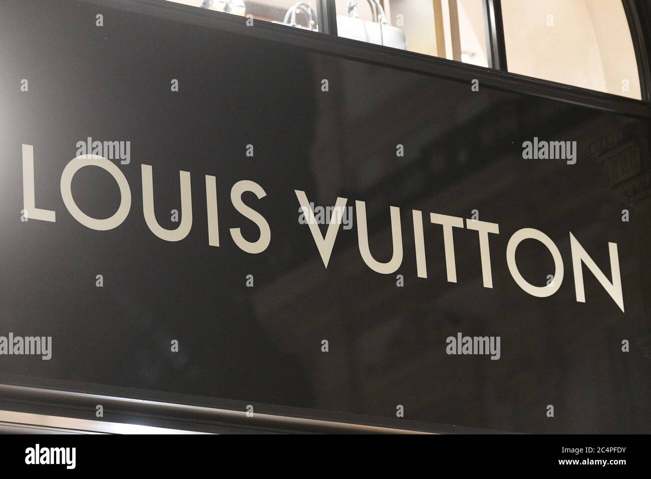The logo of Louis Vuitton Malletier is seen in Shibuya Ward, Tokyo on  January 19, 2020. Louis Vuitton is a French fashion house and luxury retail  company founded in 1854 by Louis