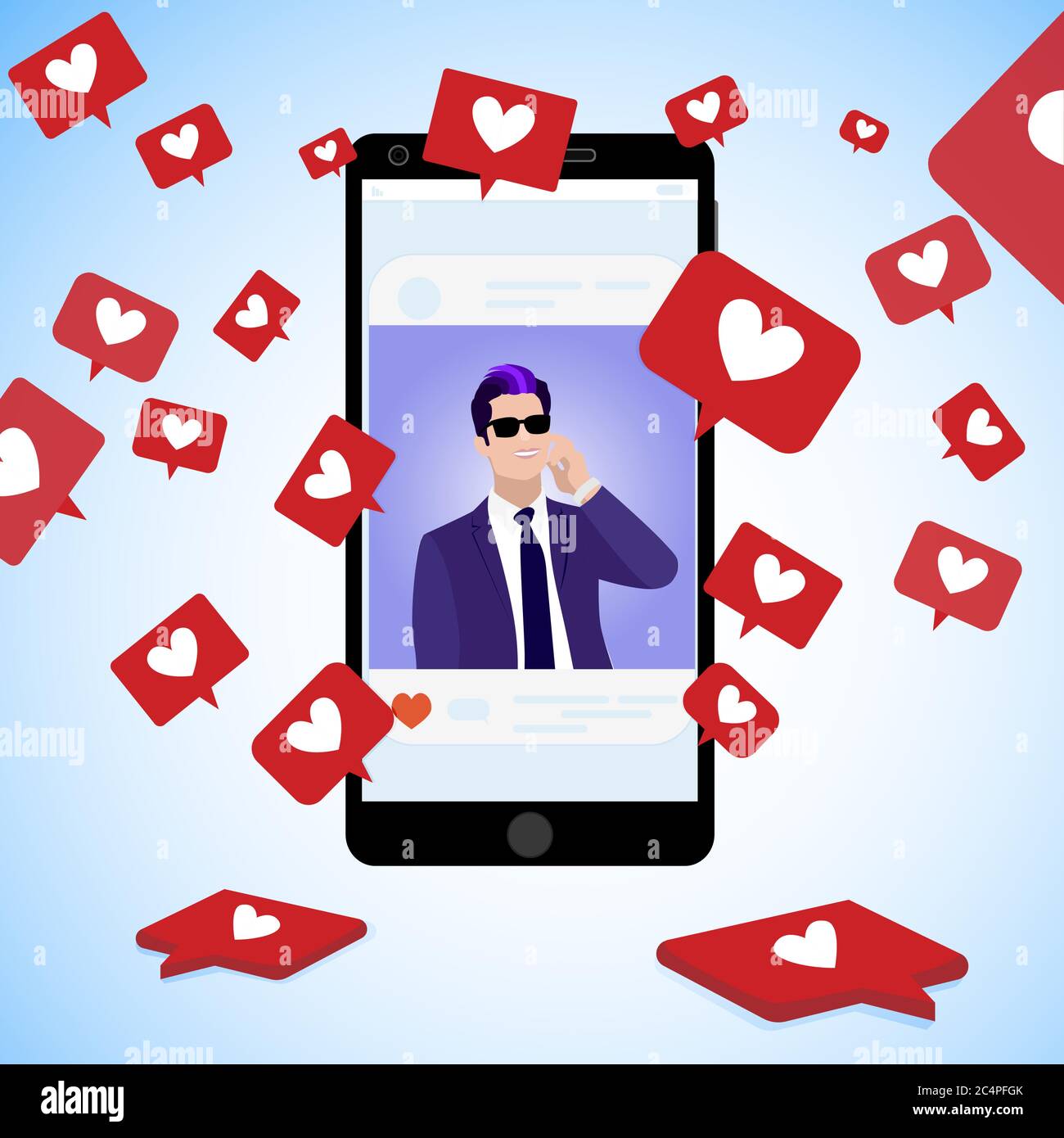 Famous blogger post, collect social icons red hearts, communication online using social media, handsome man page popular catch popularity. Vector illu Stock Vector