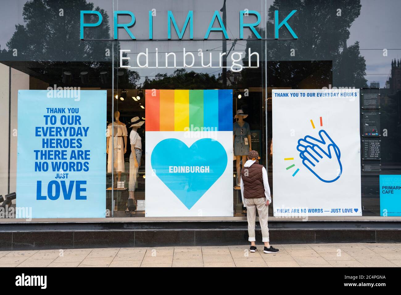 Edinburgh, Scotland, UK. 28 June, 2020. With many shops about to reopen on Monday 29 June, staff are preparing their stores for customers. Windows are being cleaned and signs posted to warn of the many safety rules to be adhered to . Posters on windows of Primark .  Iain Masterton/Alamy Live News Stock Photo