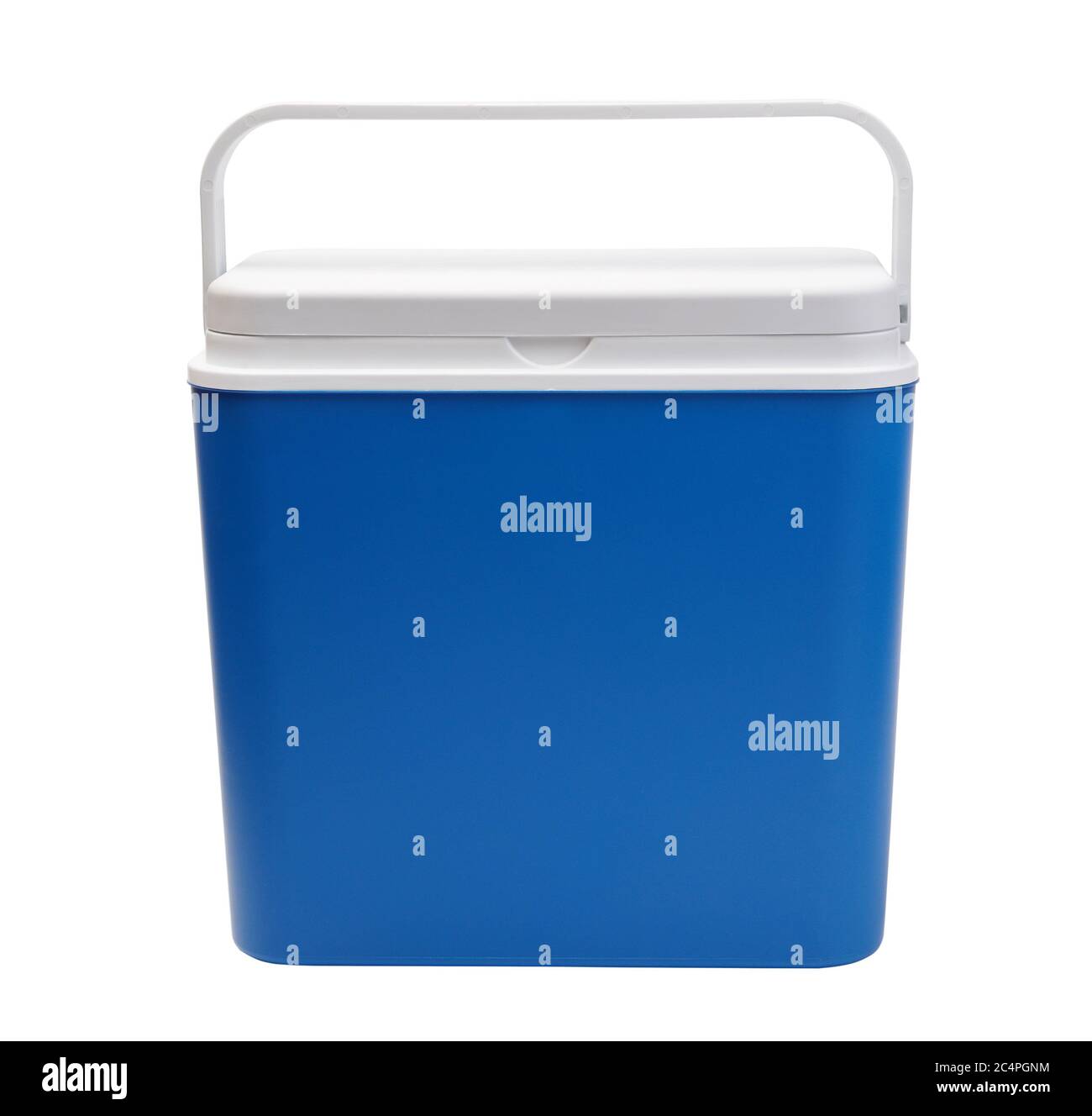 Blue small portable refrigerator for traveling isolated on white. Front