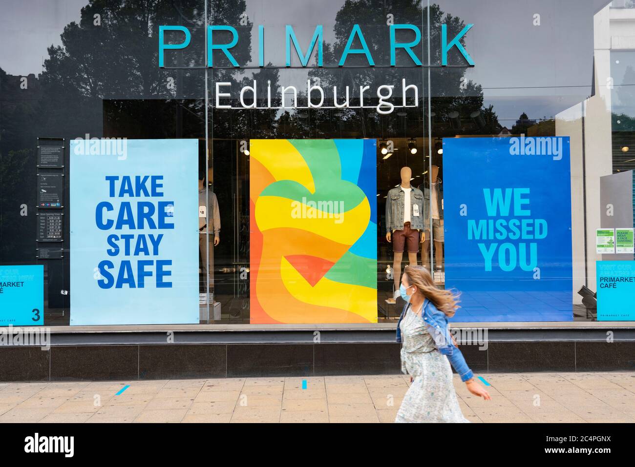 Edinburgh, Scotland, UK. 28 June, 2020. With many shops about to reopen on Monday 29 June, staff are preparing their stores for customers. Windows are being cleaned and signs posted to warn of the many safety rules to be adhered to . Posters on windows of Primark .  Iain Masterton/Alamy Live News Stock Photo