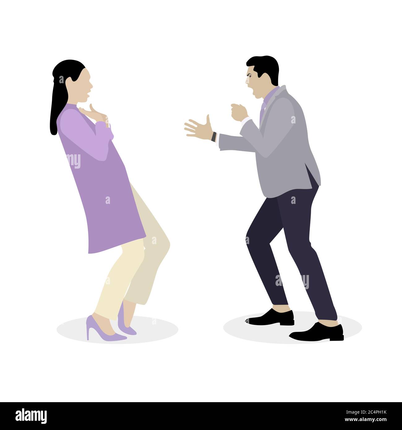 Quarrel and bulling husband yells at wife. Woman and man relationship conflict, illustration couple divorce and aggressive shouting, boss and employee Stock Vector