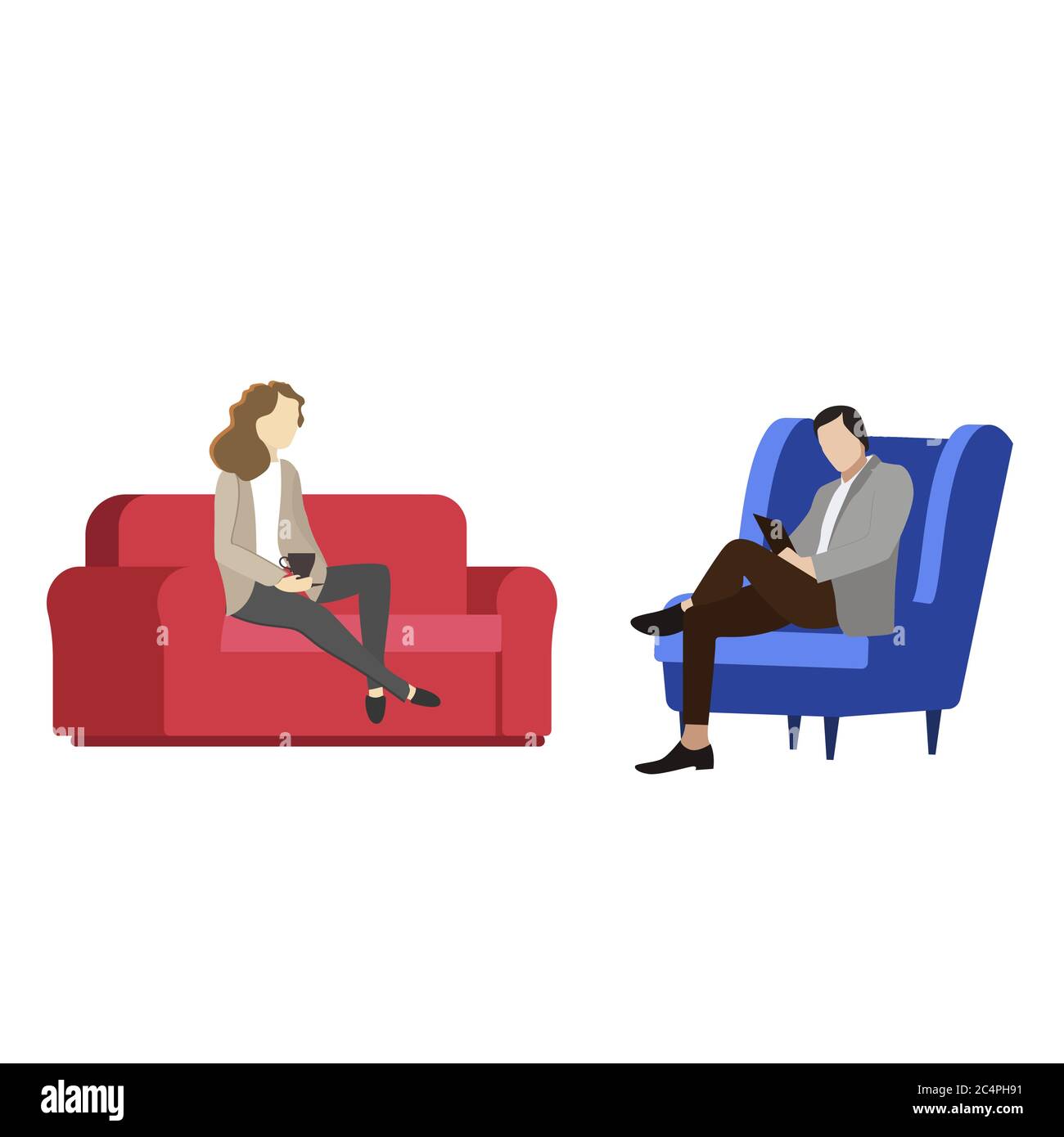 Reception with psychologist. Vector individual psychotherapy, therapy physician, solving psychological problem, psychotherapist consultation illustrat Stock Vector