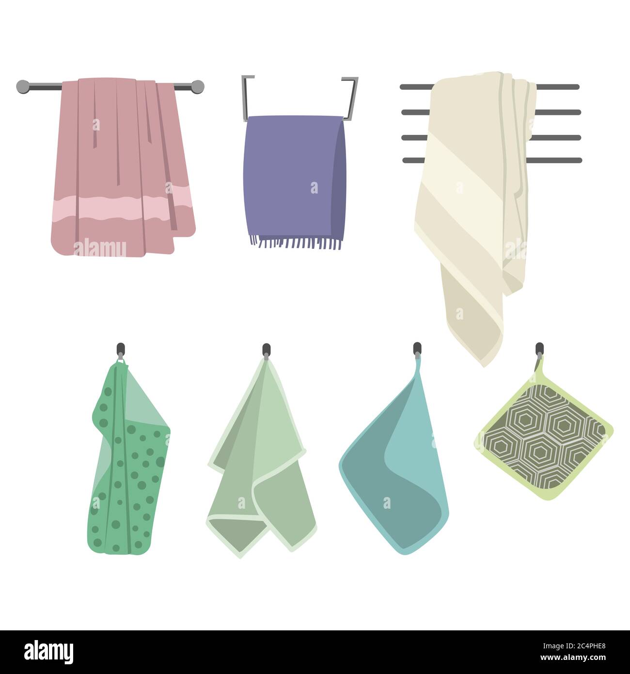 Towels hang on hook for kitchen or bathroom. Fabric wipe, fluffy towel for beauty spa salon, fresh microfiber for shower, domestic cotton, vector illu Stock Vector