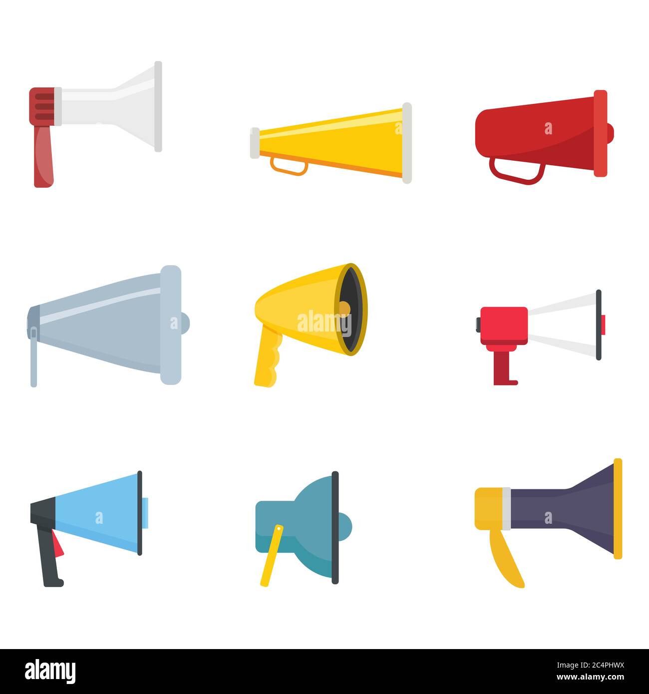 Set of megaphone flat color. Loud broadcasting, voice shouting, vector bullhorn and loudspeaker, broadcast media device collection, illustration annou Stock Vector